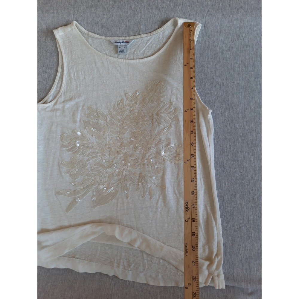 Tommy Bahama Women XS Beaded Floral Lightweight Top Blouse Sleeveless Pure Linen - Picture 2 of 8